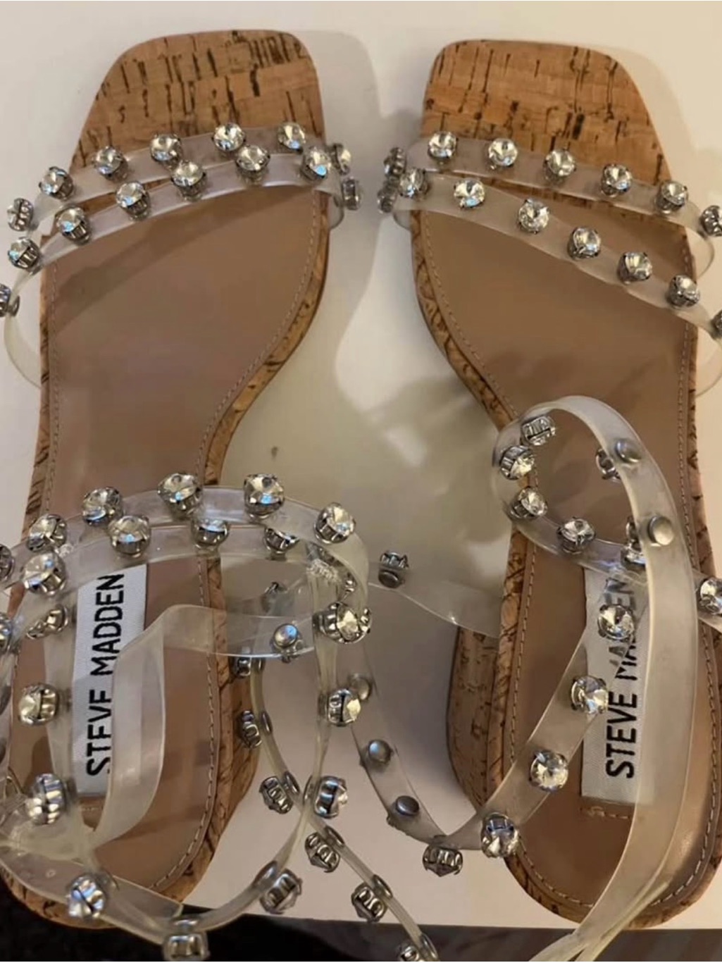 Never Worn Steve Madden Clear Crystal-Embellished Cork Strap Sandals
